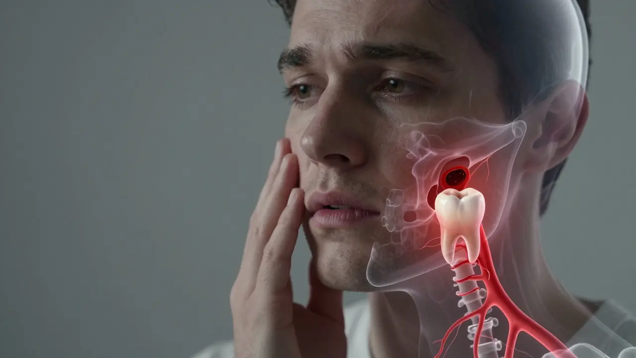 Skrytá infekce zubu šířící se do čelisti a krevního oběhu.