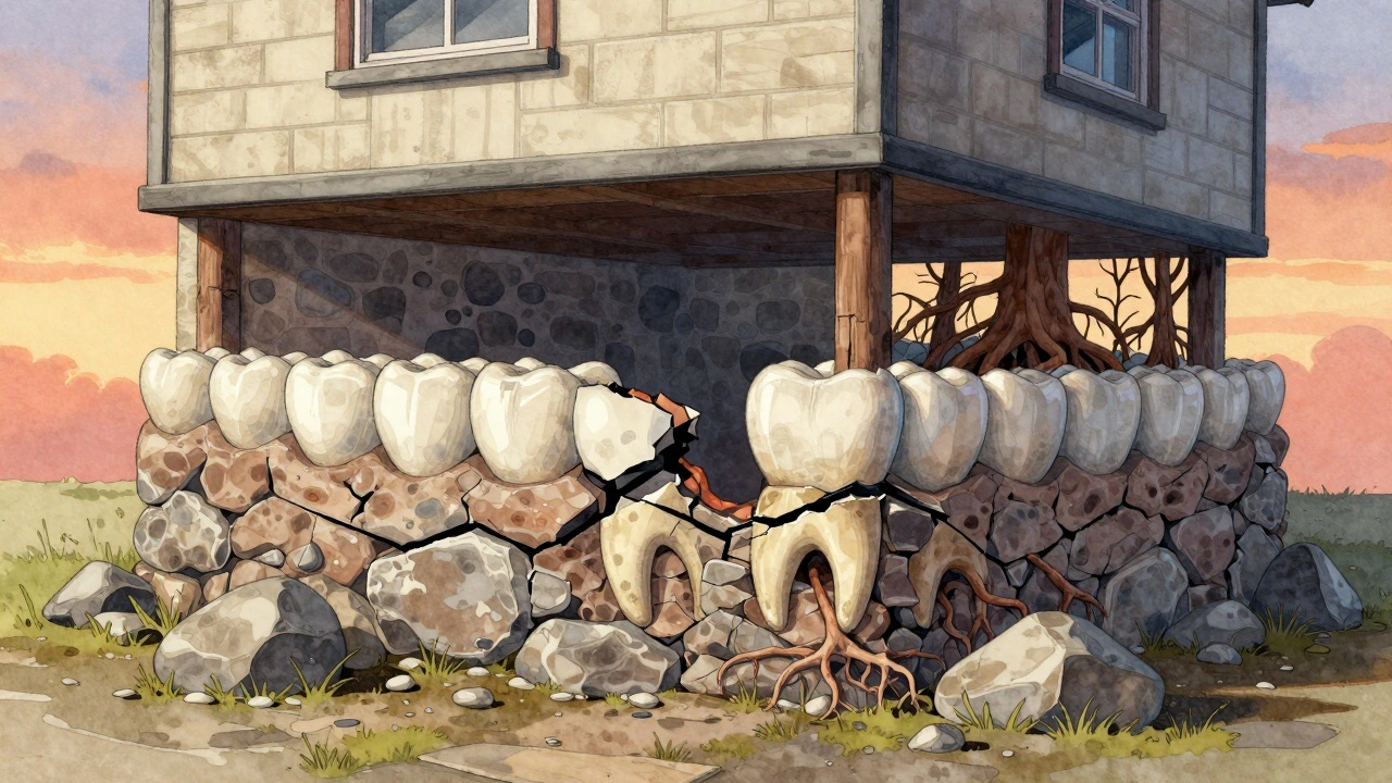Symbolická ilustrace ztráty kosti pod zuby jako padajícího základu domu.