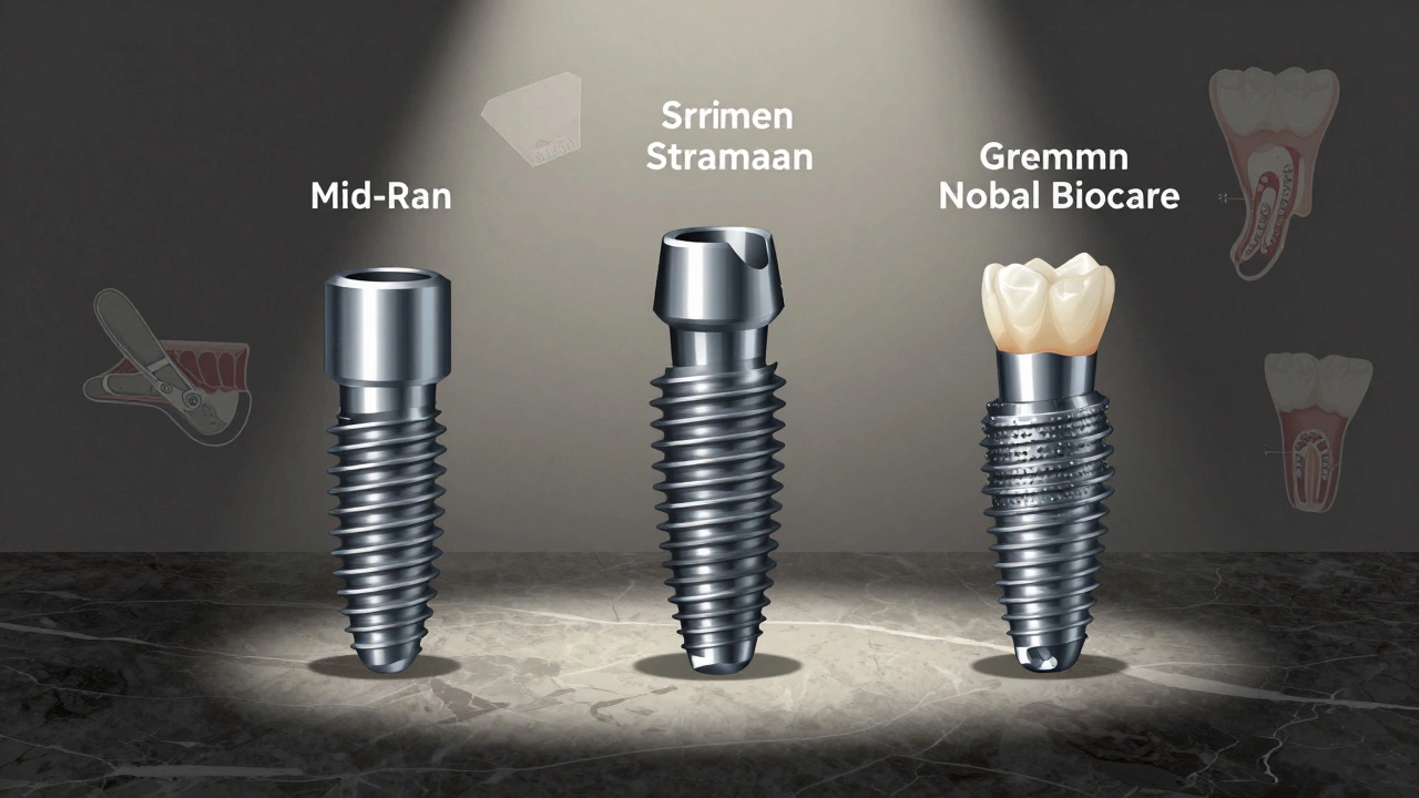 Three types of dental implants displayed with visible surface textures.