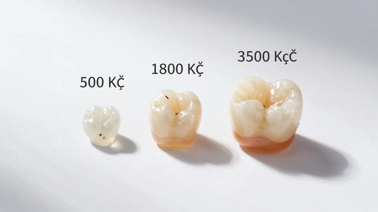 Tři druhy zubních plomb různé velikosti a materiálu na bílém pozadí.