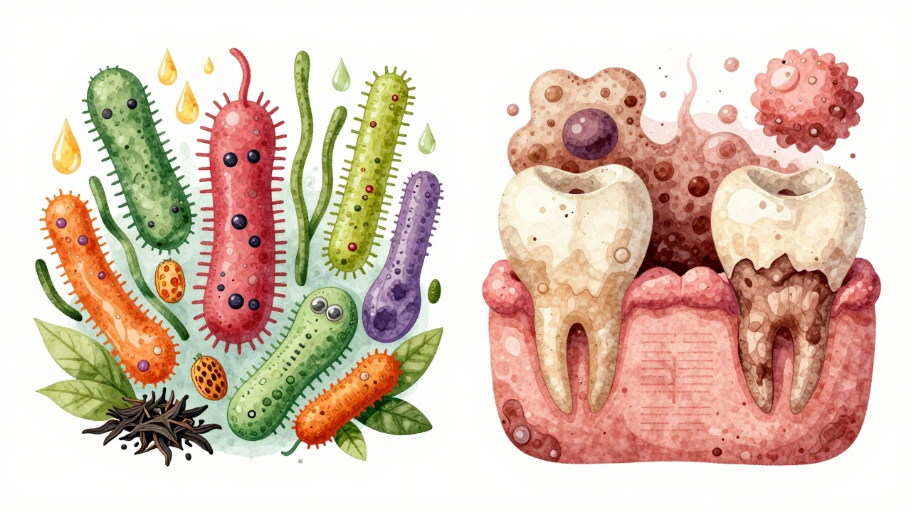 Umělecké znázornění vyváženého mikrobiomu ústní dutiny s přírodními látkami.