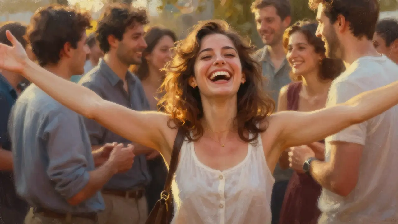 Žena se směje na večírku s otevřeným úsměvem, lidé kolem reagují radostí.