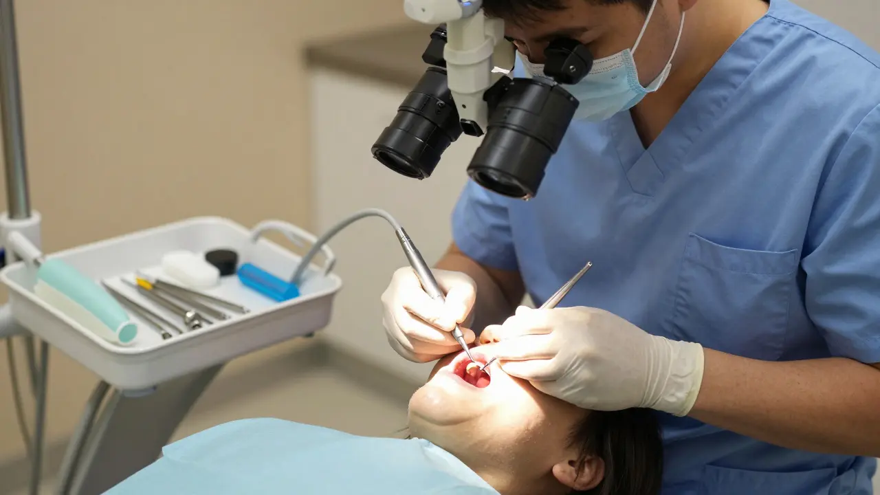 Zubař používá mikroskop při endodontickém ošetření