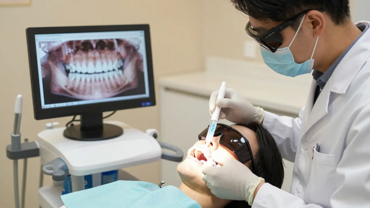 Zubní lékař aplikuje individuální bělící šablonu pacientovi v klinice