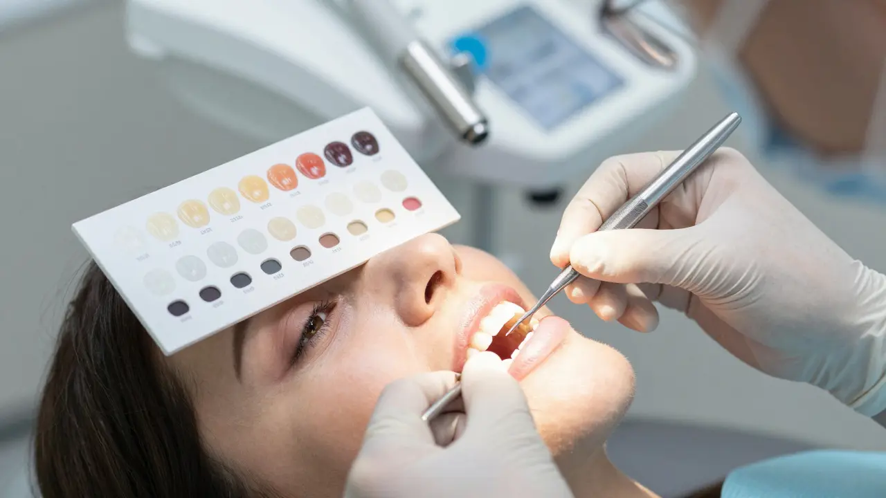 Zubní lékař instaluje keramické fazety přesně podle bělejší barvy přirozených zubů.