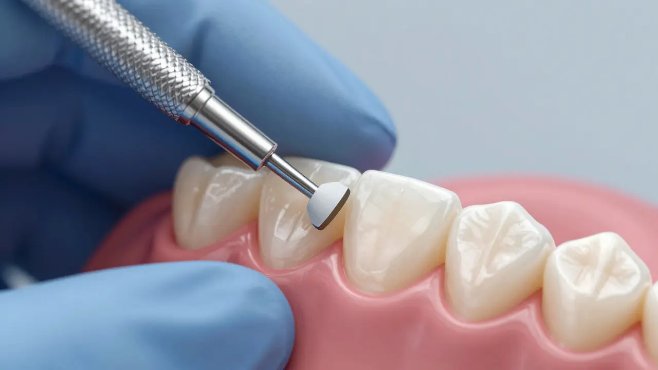 Detailní zobrazení zubu během přípravy na veneery – jemné odbroušení zubní skloviny.