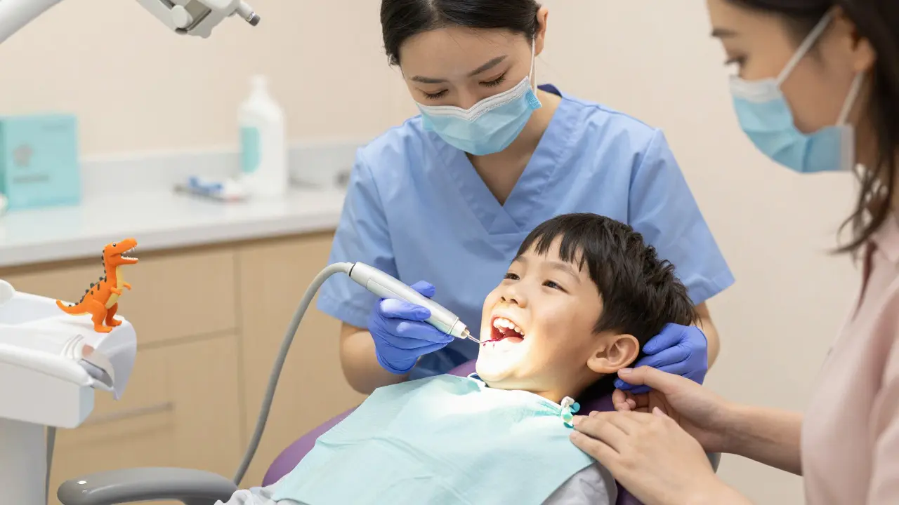 Dětská zubní hygienistka odstraňuje kámen pomocí ultrazvukového přístroje.