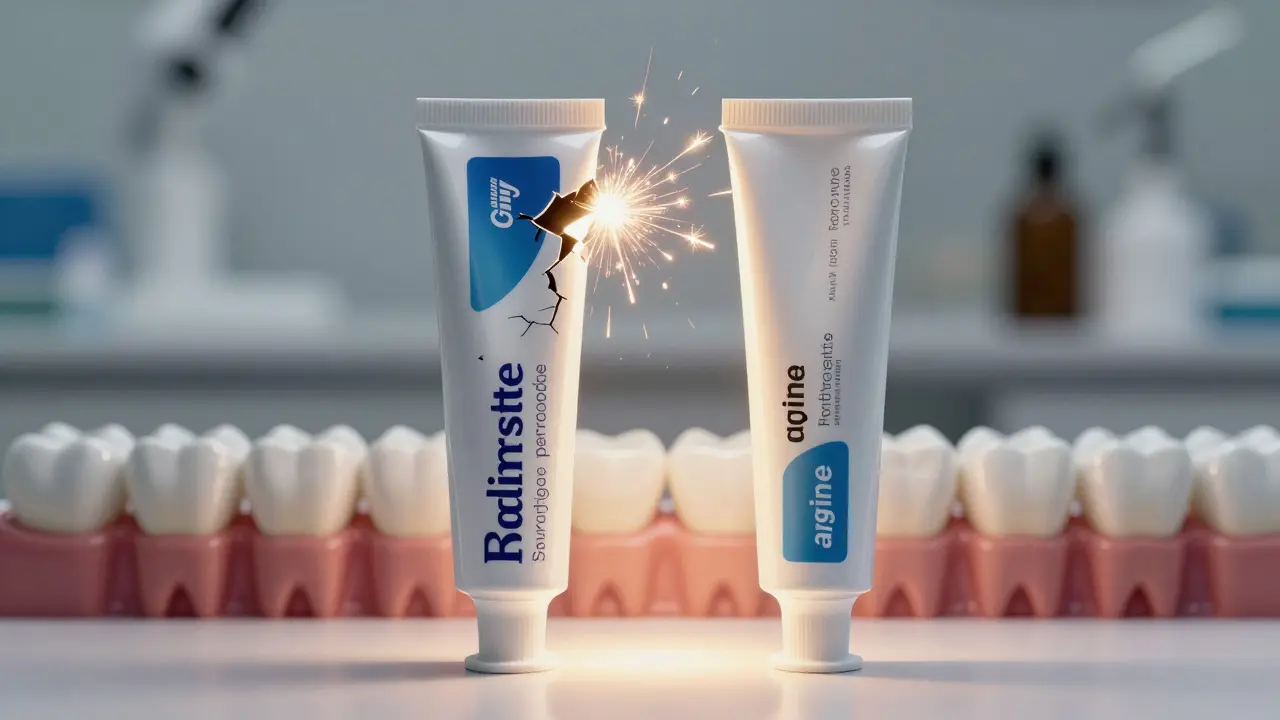 Dvě zubní pasty: jedna škodlivá s agresivními látkami, druhá bezpečná s obnovujícími složkami.