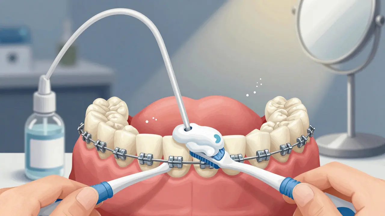 Interdentalní kartáček a vodní flosser čistí zuby s rovnátky od plaku.
