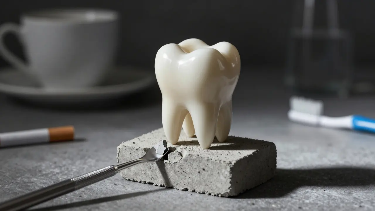 Jedním zubem v betonu s malým nástrojem, který odstraňuje tvrdou vrstvu, symbolizující zubní kámen.