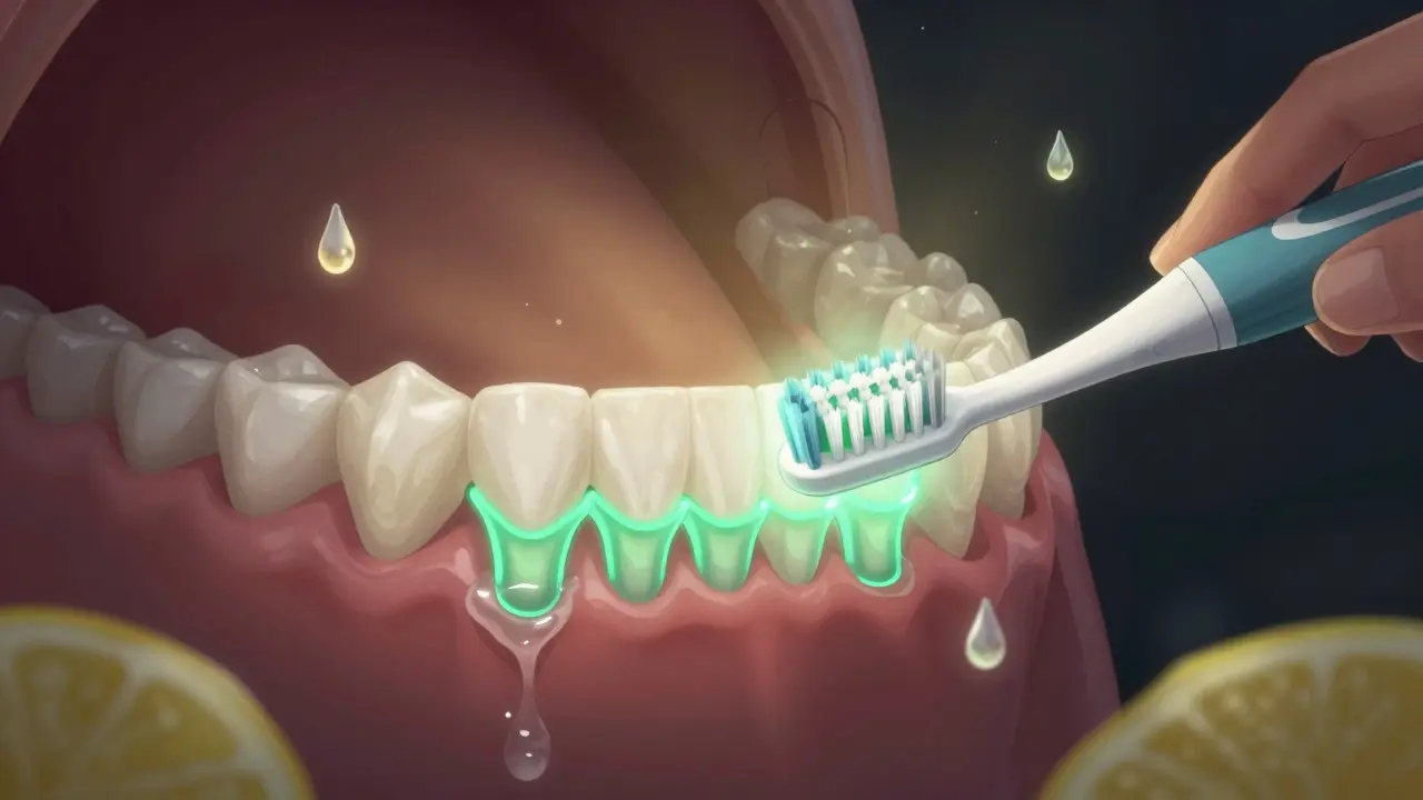 Jemný elektrický kartáček čistí zuby s viditelnými ochrannými bloky na dásních.