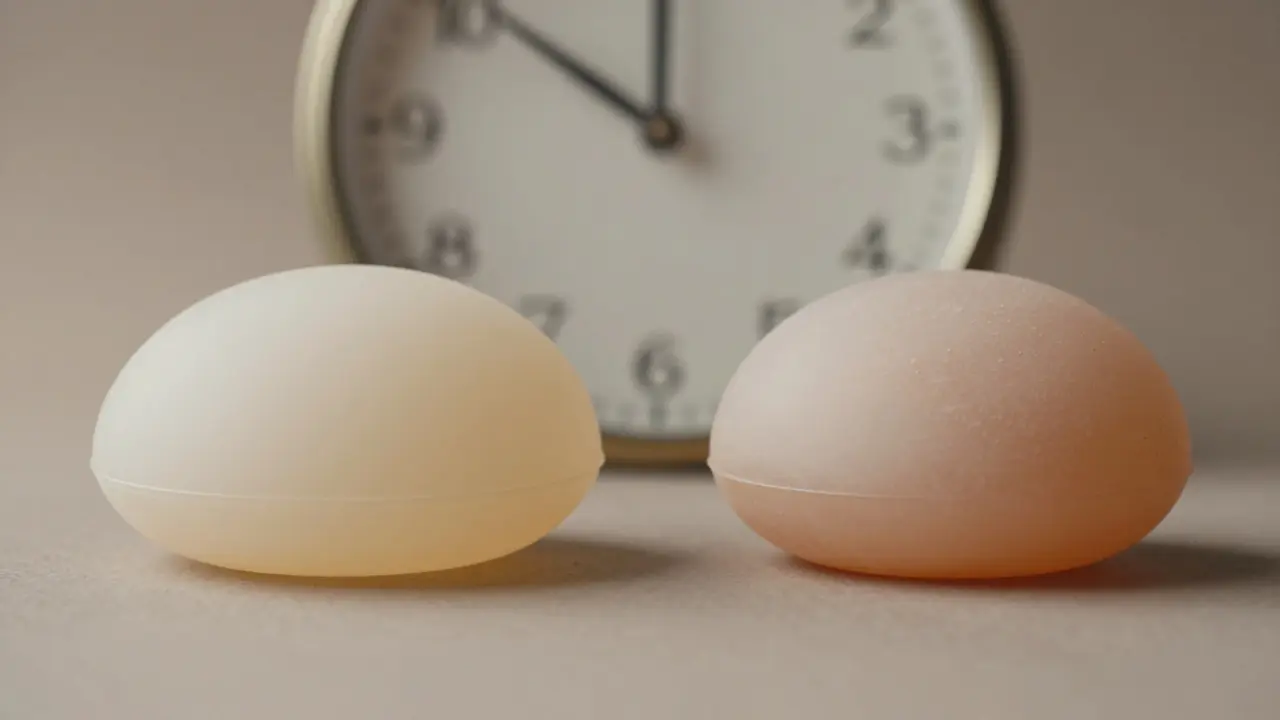 Konceptuální znázornění stárnutí silikonového implantátu s časem.