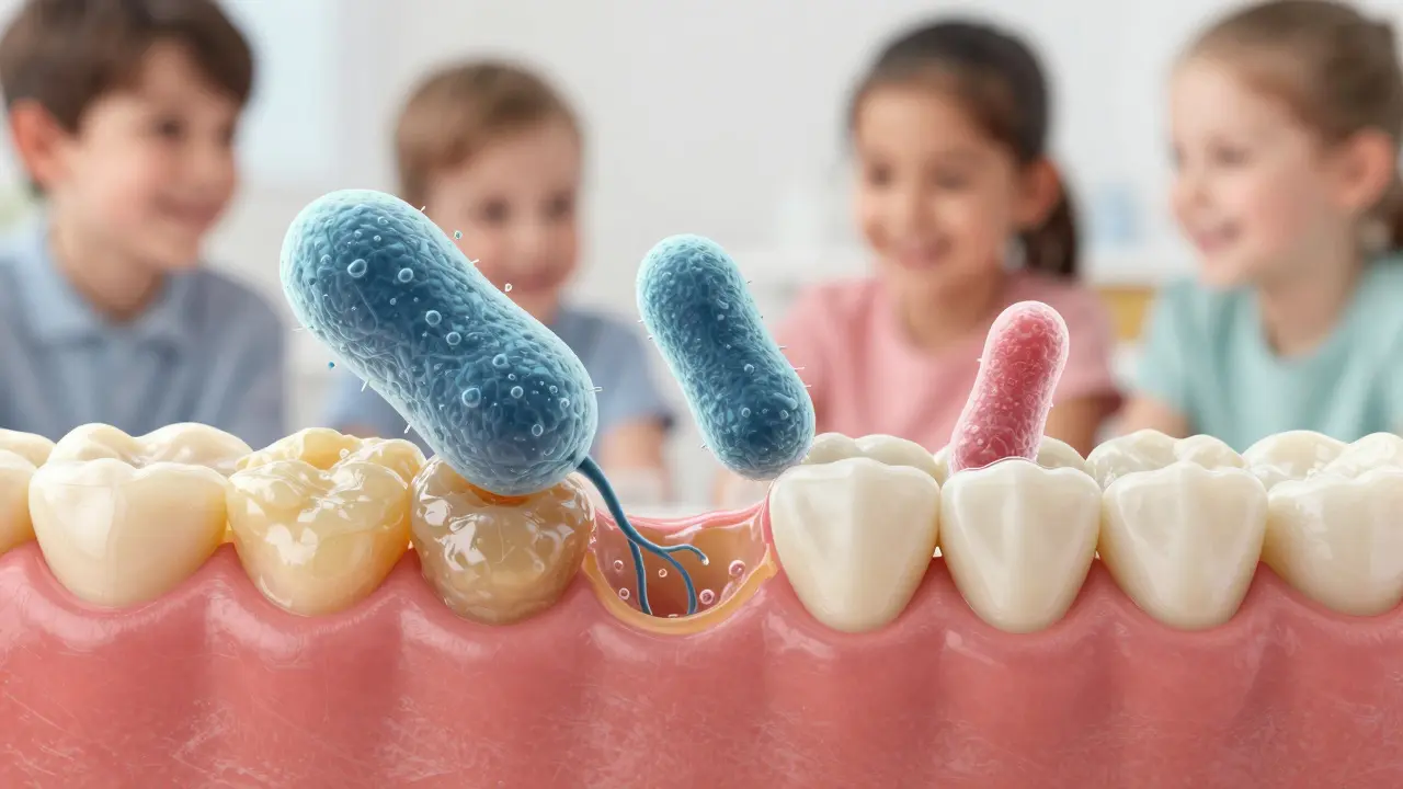 Mikroskopický pohled na bakterie a zubní kámen na dětských zubech.