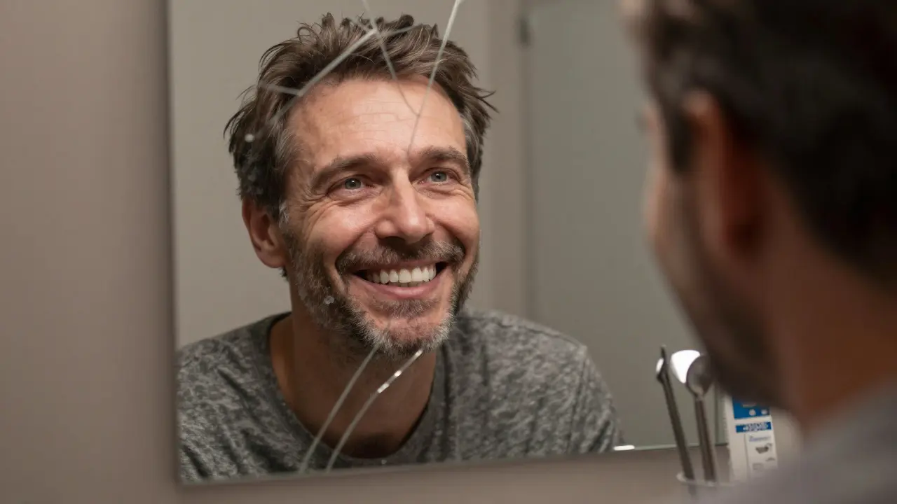 Muž v zrcadle má jednu polovinu úsměvu bílou, druhou šedou kvůli starým plombám, zrcadlo je prasklé.