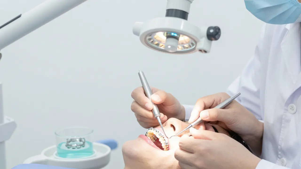 Ortodont odstraňuje keramické rovnátko pomocí speciálních nástrojů.