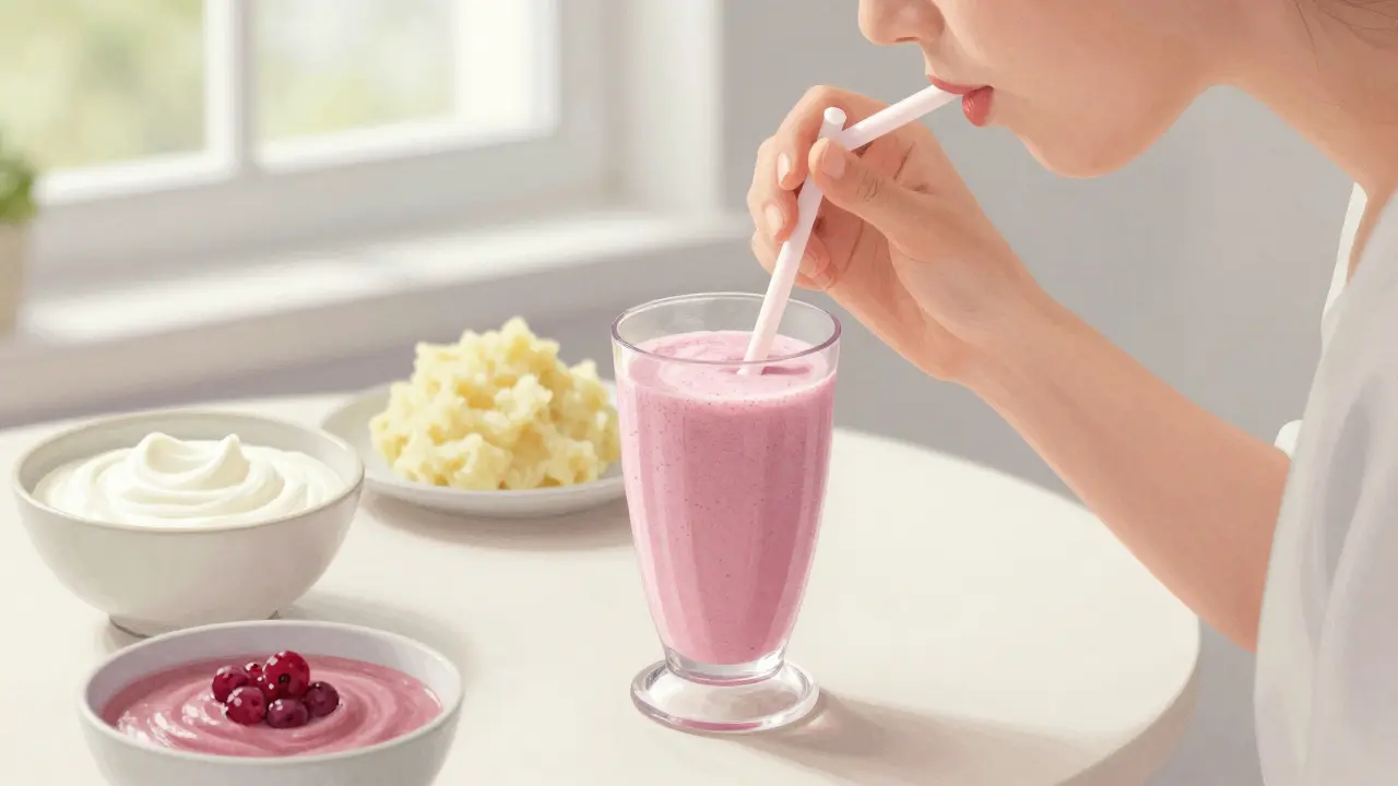 Osoba pije hladký nápoj pomocí pipety vedle měkkých potravin.