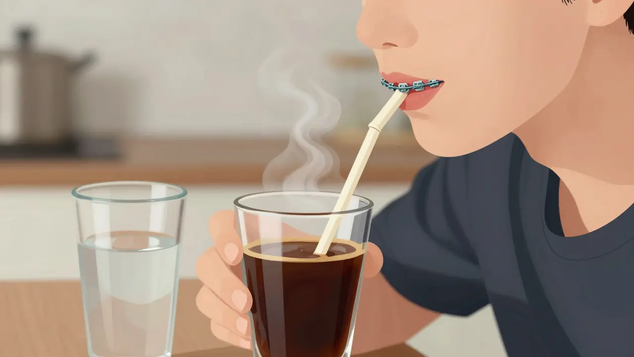 Osoba pije kávu skrz slámku s keramickými rovnátky.