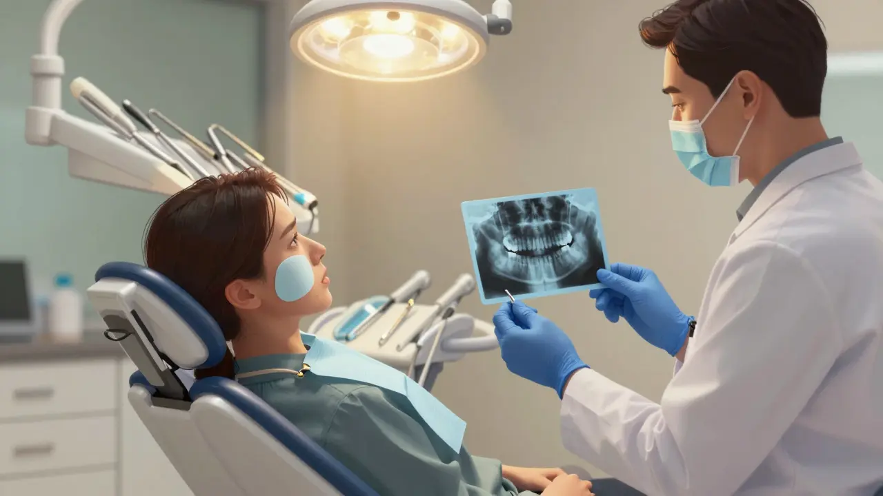 Pacient v zubní klinice s chladným obkladem a rentgenem zubu.