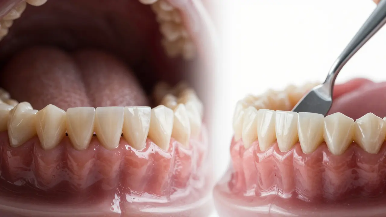 Porovnání zubů před a po pískování: znečištěné vs. čisté a zdravé.