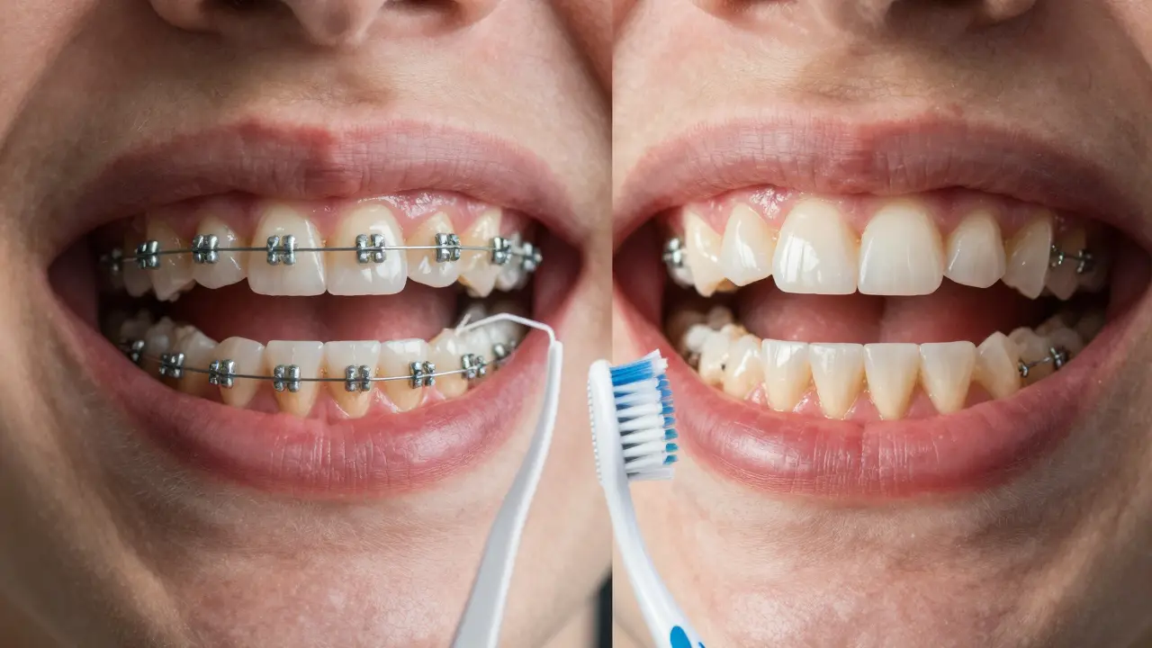 Porovnání zubů s plakem a bílými skvrnami a zdravých zubů po správném čištění.