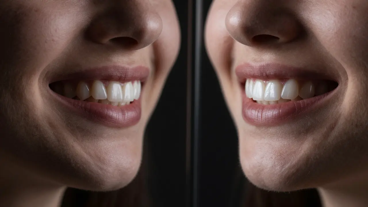 Před a po transformaci úsměvu: od nevýrazných zubů k jasným, dokonalým veneerům.