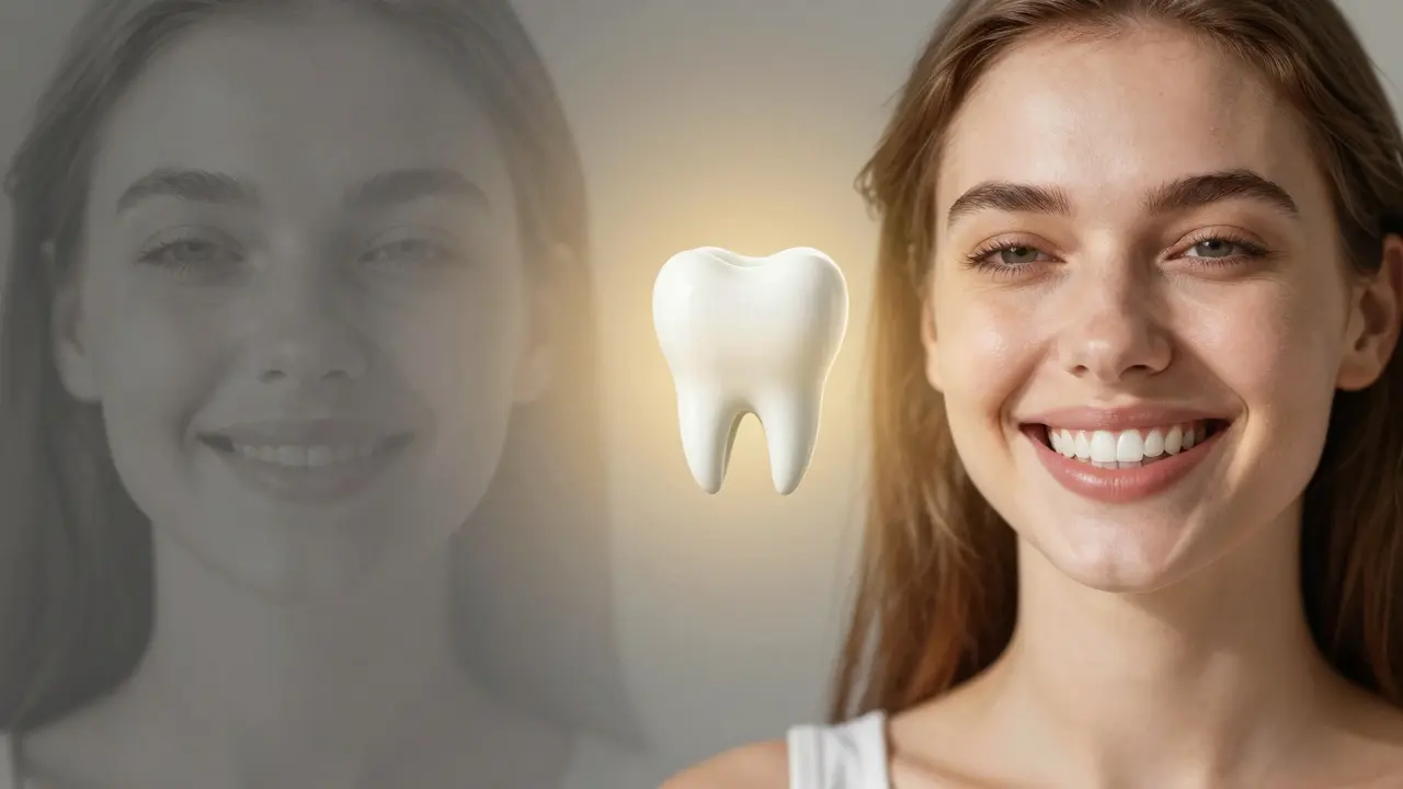 Před a po: žena přechází od skrývání úsměvu k volnému smíchu.