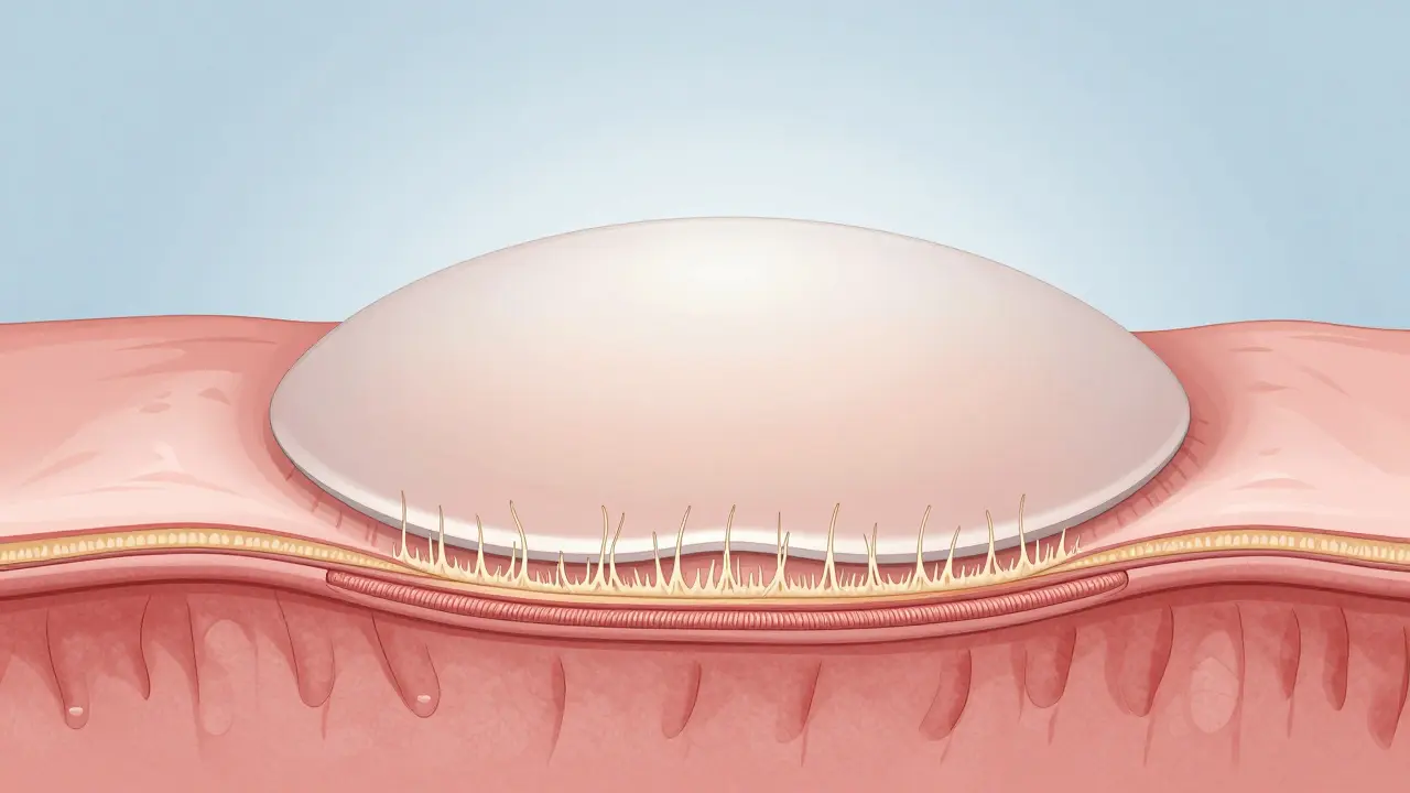 Příčný řez silikonovým implantátem s kapslí kolem něj.