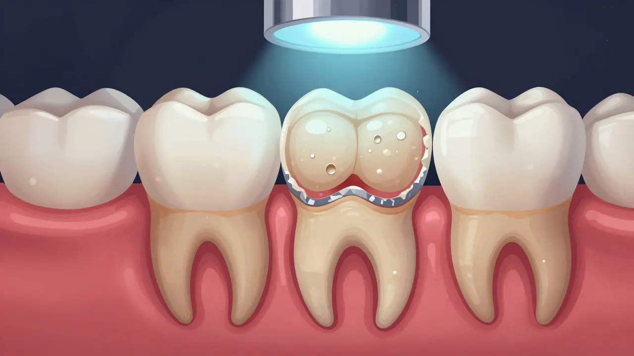Příčný řez zubem s nepravidelnou plombou a skrytým kazem pod ní.