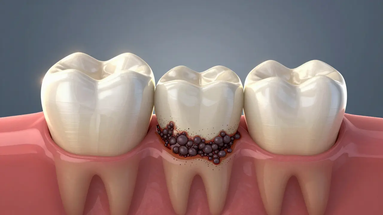 Příčný řez zubem s viditelným zubním kamenem pod dásní a čistým smaltem po očištění.