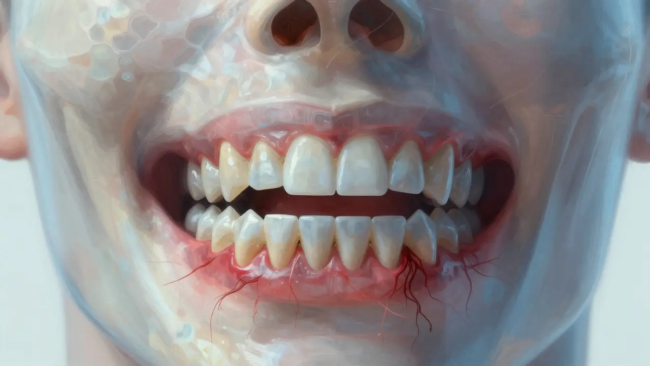 Průhledný model čelisti s nesprávně zarovnanými zuby a zánětem v dásních.