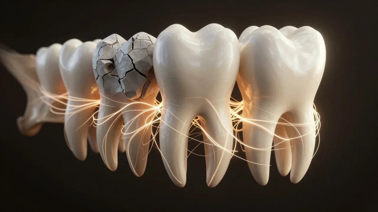 Regenerace kostní tkáně kolem kořene zubu v konceptuálním zobrazení.