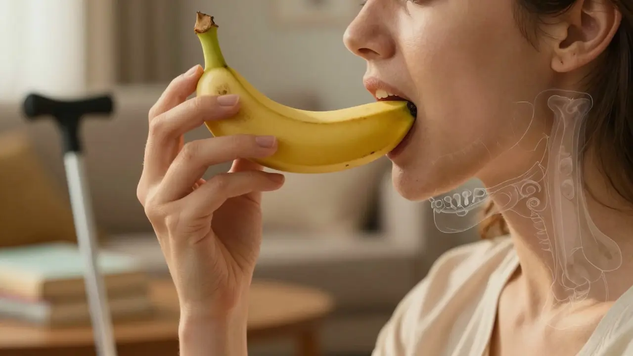 Ruka drží banán při obnově po operaci čelisti s průhledným obrazem hojící se čelisti.