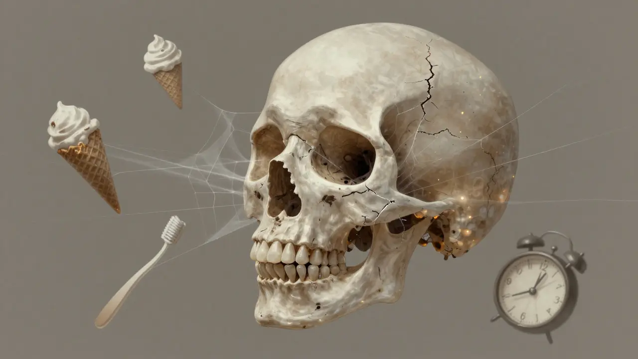 Skull s jemnými trhlinami v zubu, do kterých pronikají bakterie jako černé šmouhy.