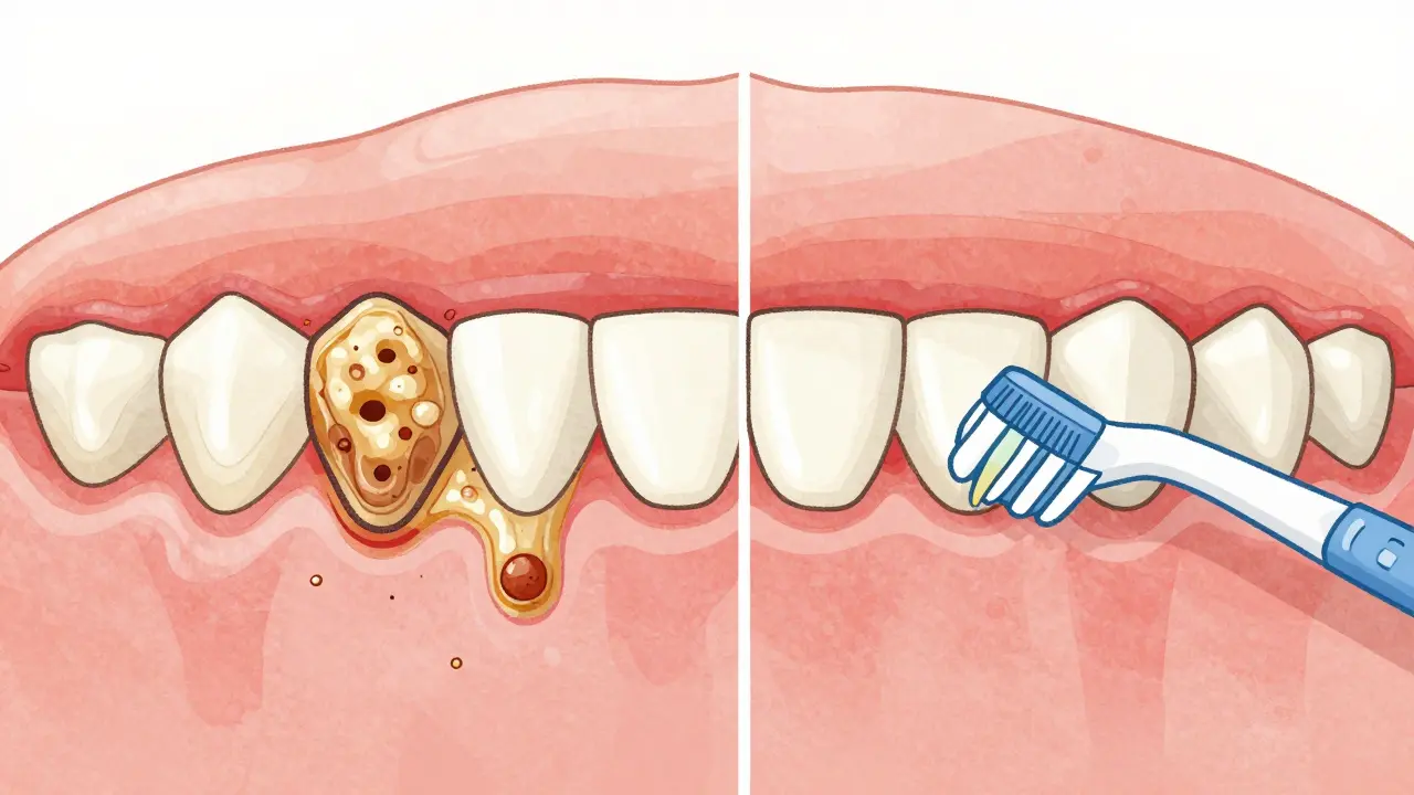 Srovnání znečištěných a čistých mezizubních prostorů s kartáčkem.