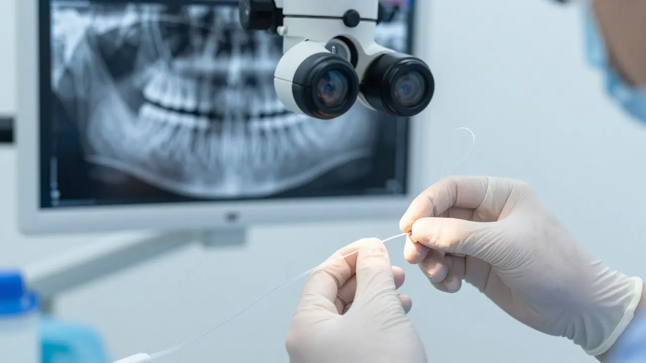Stomatolog stabilizuje hýbající se zub tenkým vláknem.