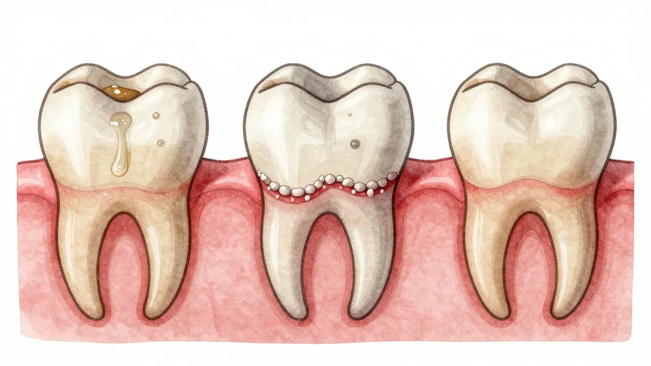Tři panely znázorňují postupný vývoj zubního kamene od plaku až po ztrátu zubu.