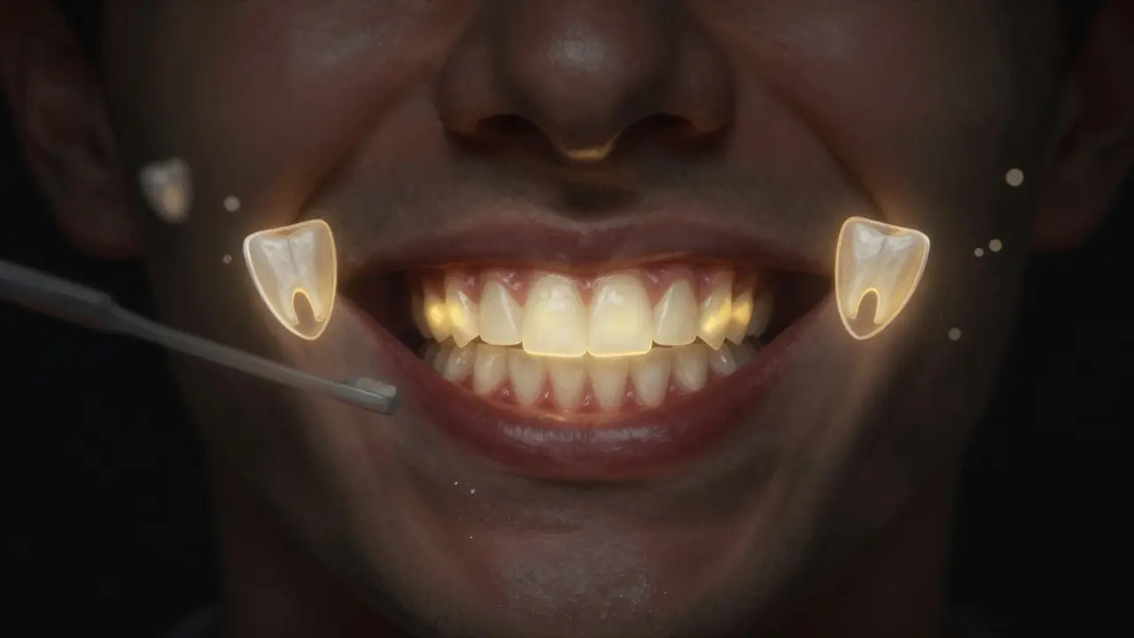 Zdravý úsměv osvětlený zlatým světlem, kolem něj plavou mezizubní kartáčky.