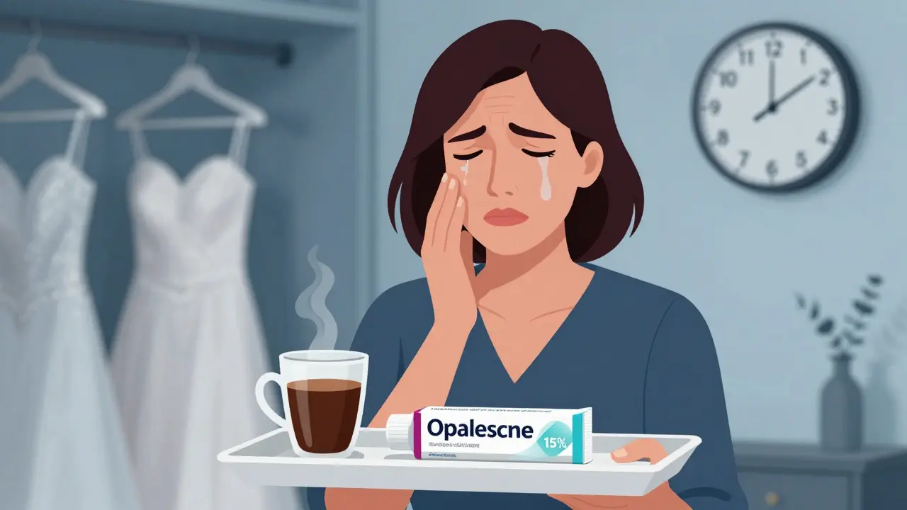 Žena drží bolestivě tvář, má na zubech Opalescence 15% a v ruce studenou kávu, v pozadí visí svatební šaty.