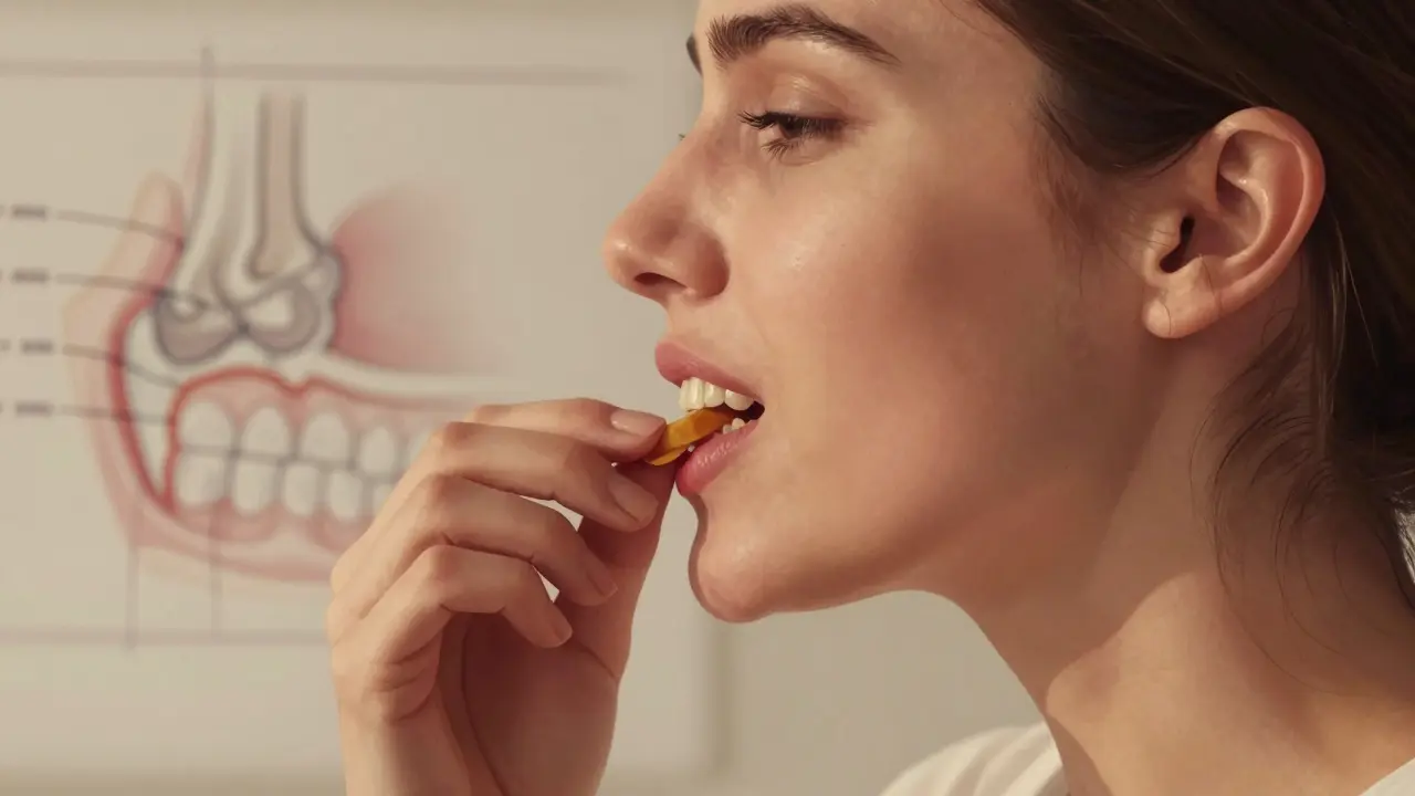 Žena s otevřeným příkusem, žvýkající na jedné straně, s napětím v obličeji.