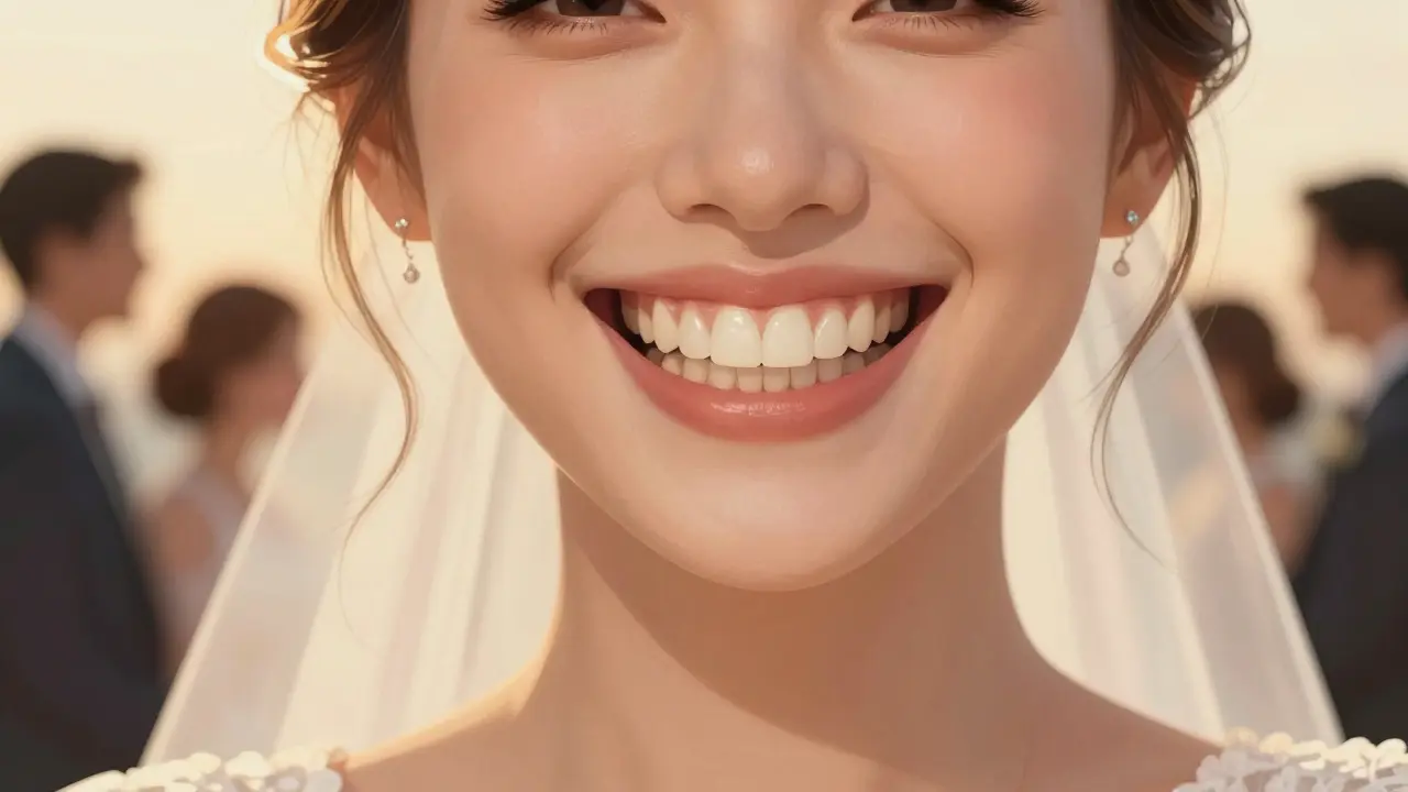 Žena se široce usmívá na svatbě s přirozeně vypadajícím dočasným zubem.