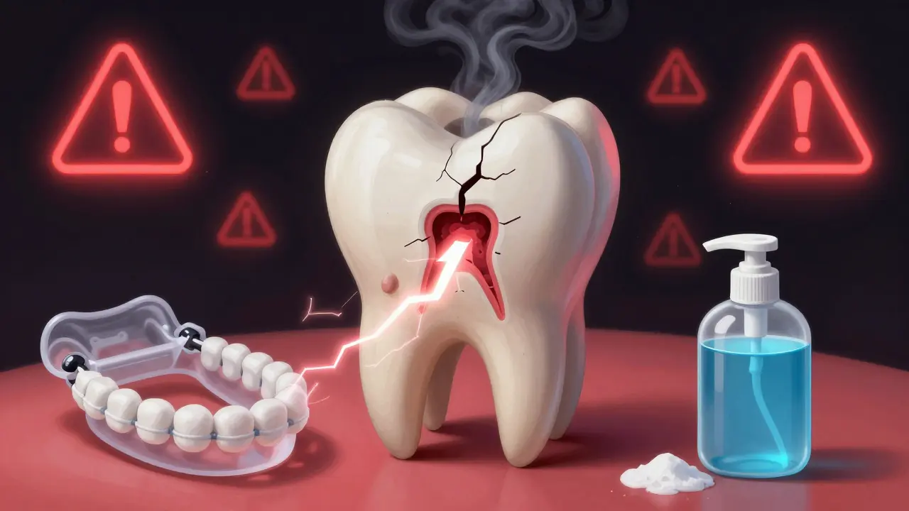 Zlomený zub s bakteriemi a prevenčními prvky jako symbol rizika.