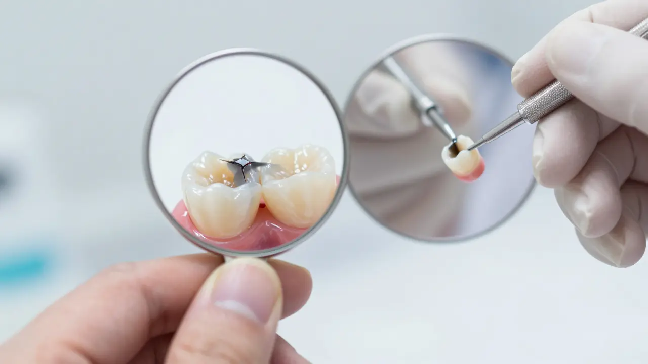 Zrcadlo odrazuje poškozenou plombu a lékaře, který ji správně vkládá.