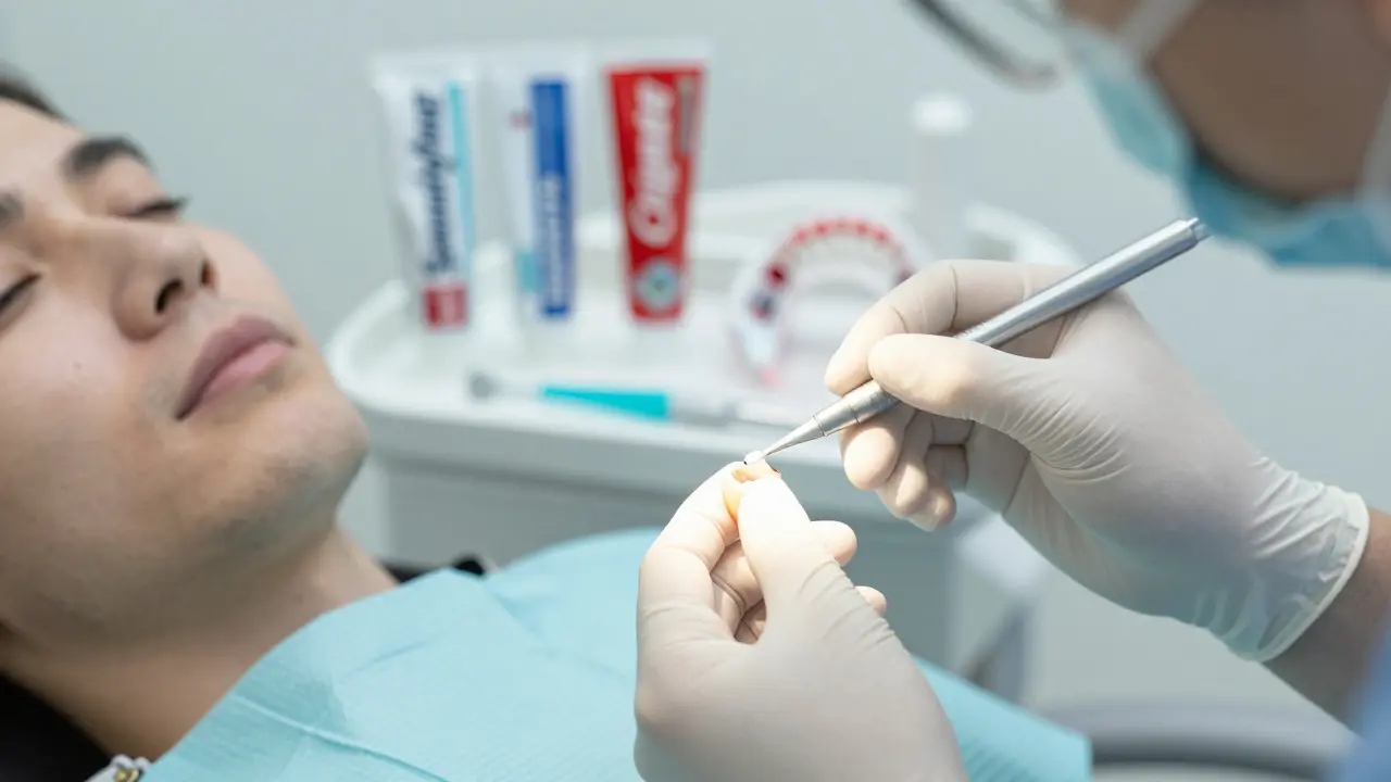 Zubní lékař aplikuje gel na odhalený kořen zubu během léčby citlivosti.