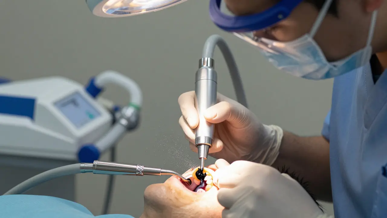 Zubní lékař odstraňuje černý kámen ultrazvukovým nástrojem v klinice.