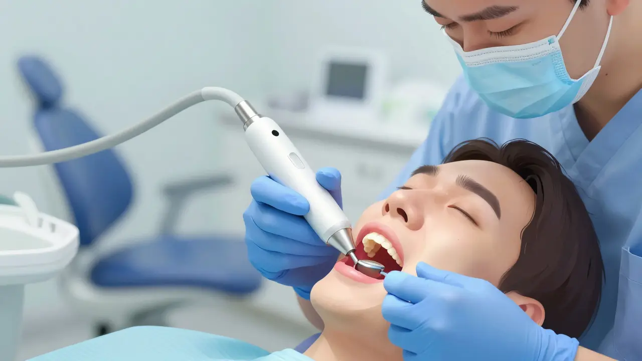 Zubní lékař odstraňuje zubní kámen pod dásní ultrazvukovým nástrojem.