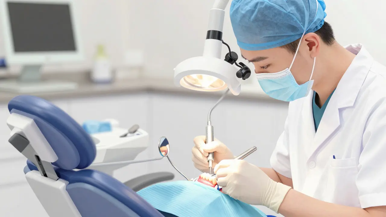 Zubní lékař provádí rekonstrukci předního zubu kompozitním materiálem v klinice.