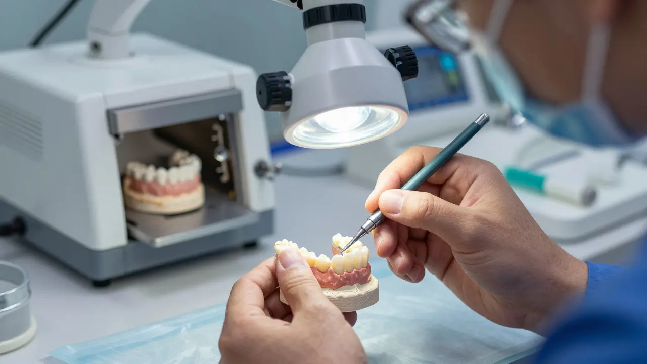 Zubní technik v laboratoři detailně maluje keramickou korunku.