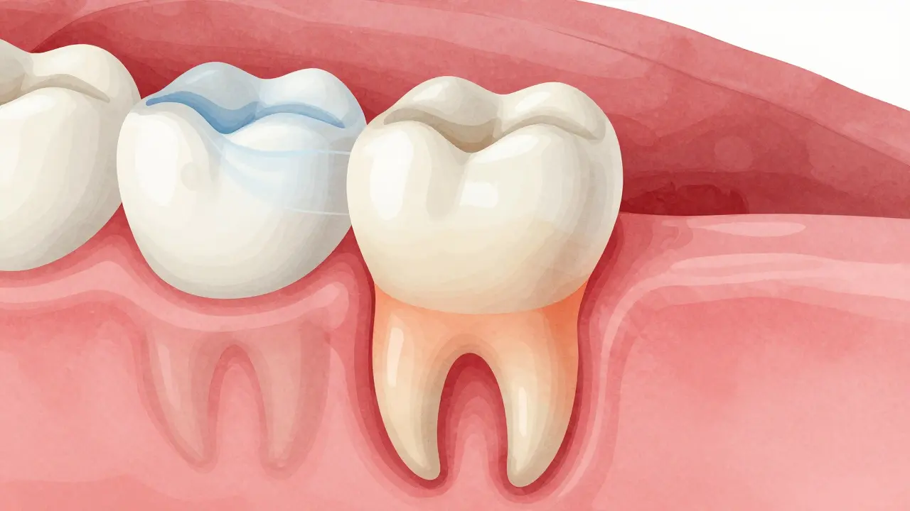 Blízký pohled na zub s kompozitní výplní a mírným zánětem okolních tkání.