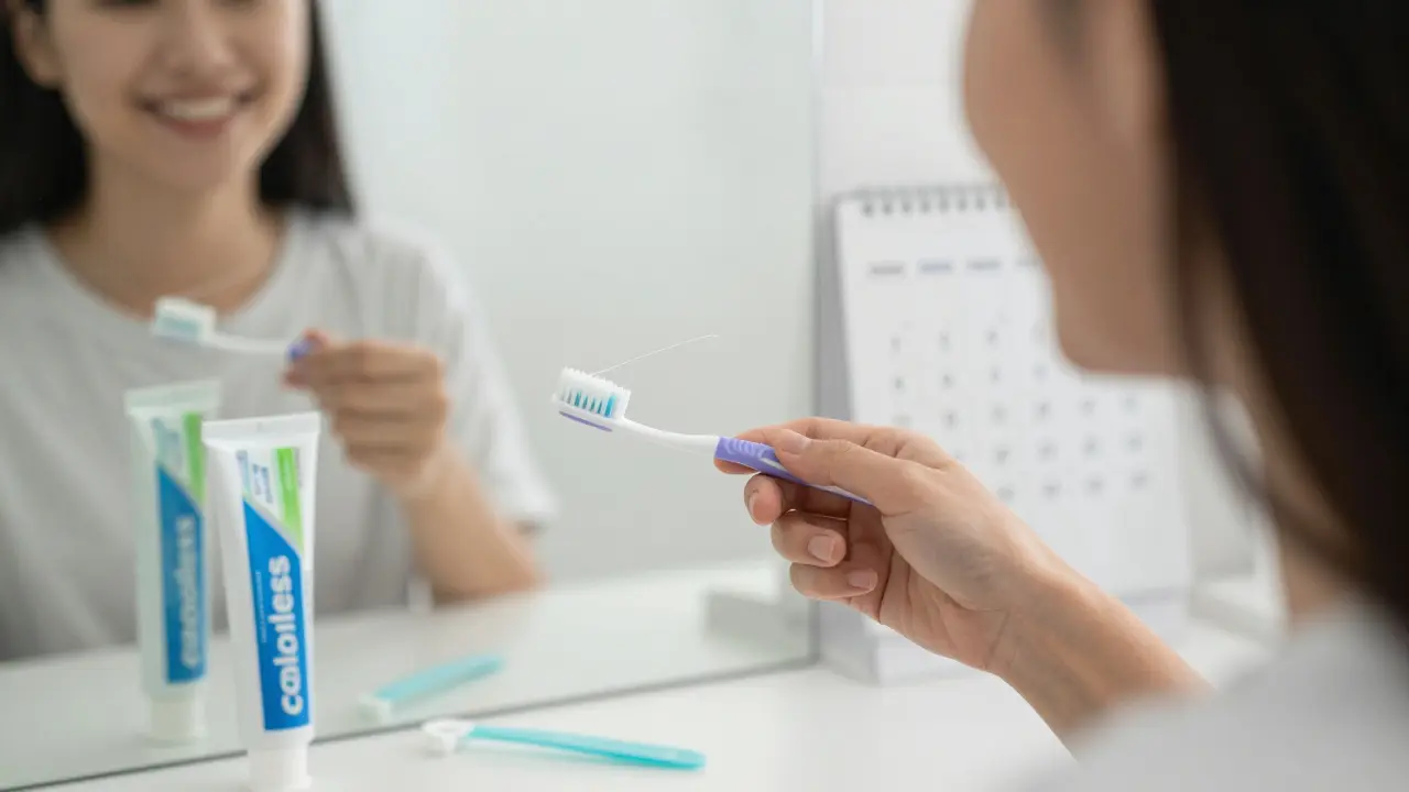 Čistota úst po čištění: kartáček, nit a jazykový čistič na stole.