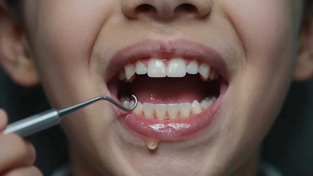 Dítě s černým zubním kamenem a kapek sladkého nápoje v ústech